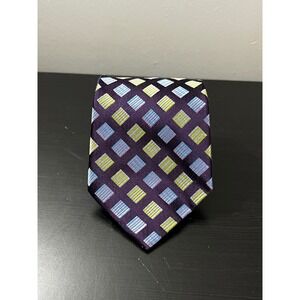 Italianissimo Mens Silk Tie Purple Geometric Square Pattern Plum Lime Blue 57in